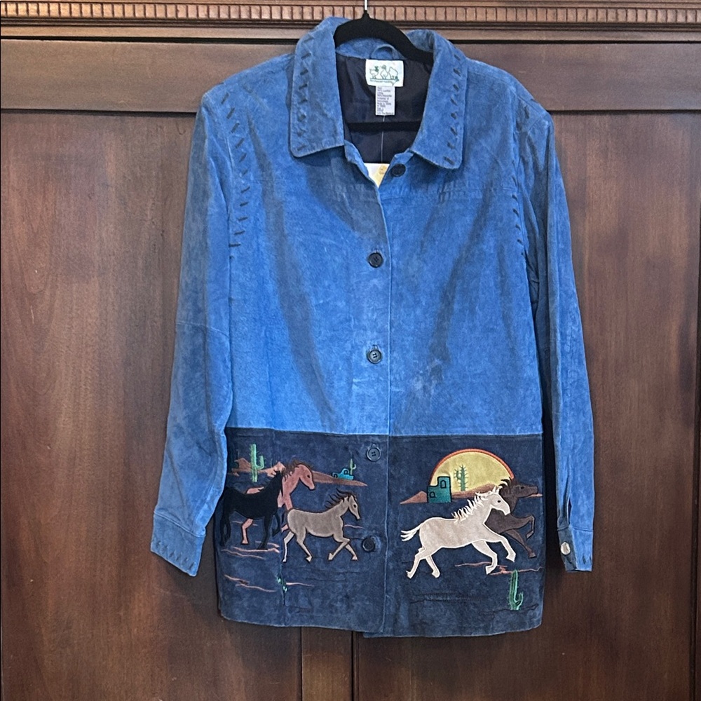NWT QF Blue Suede Horses Leather Jacket  L